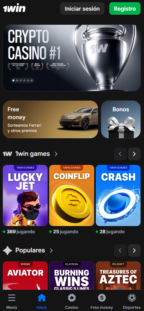 1win app en el celular: inicio, 1win Games y barra inferior