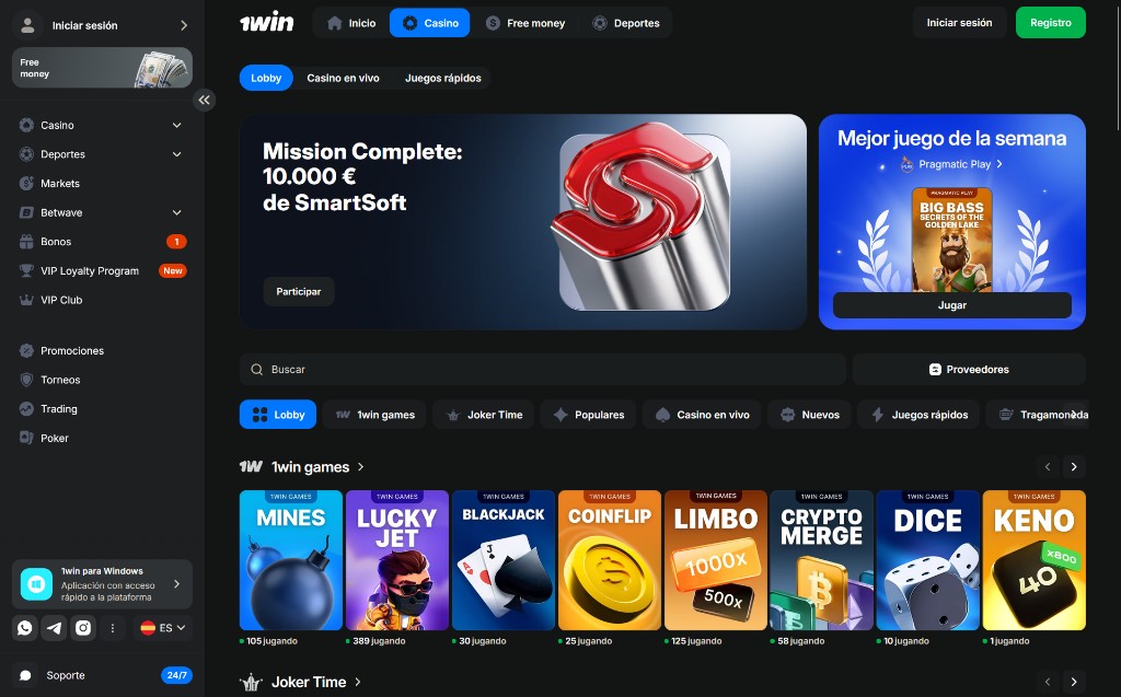 Lobby de 1win: buscador, filtros y fila de 1win Games