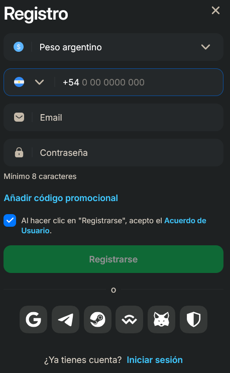 Formulario de registro con moneda Peso argentino