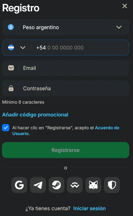 Formulario de registro 1win Argentina con moneda Peso argentino